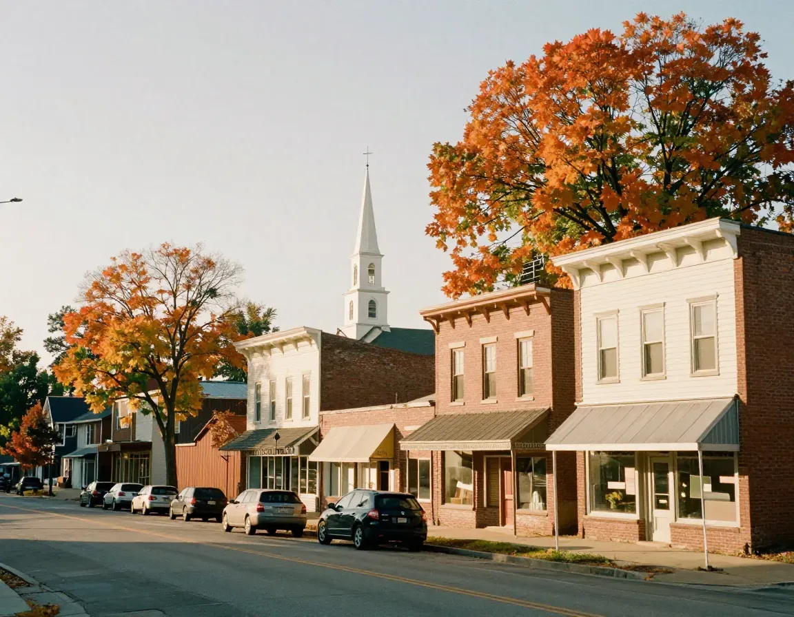 A small-town Ohio main street in autumn, brick storefronts and maple trees in full color