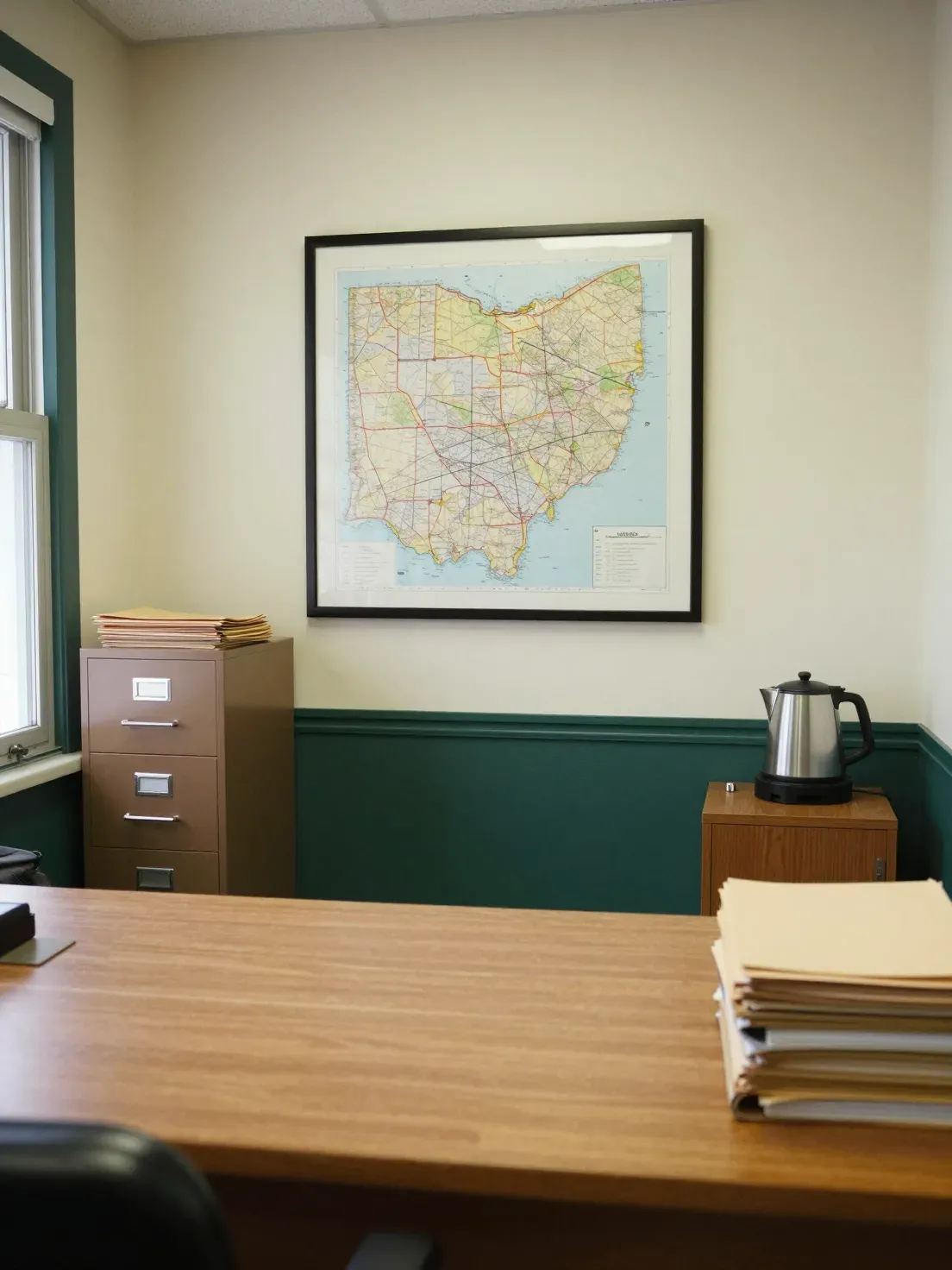 A small agency office interior with a wooden desk, a framed wall map, a filing cabinet and stacks of folders