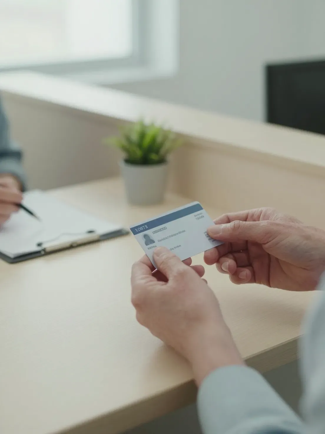 Hands passing an insurance card across a clinic reception counter