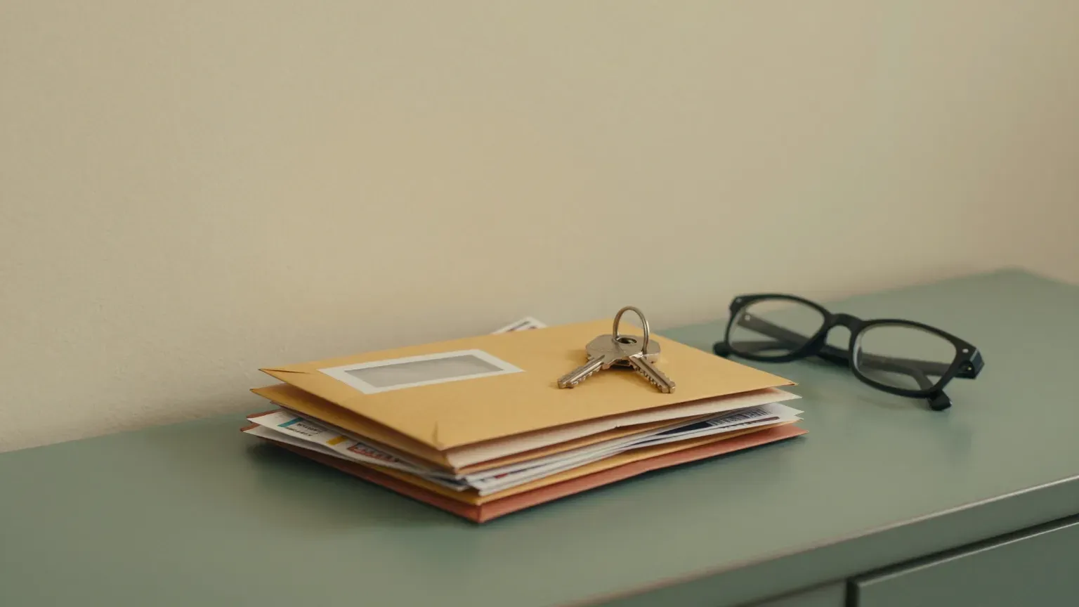 guide header — unopened mail on a table