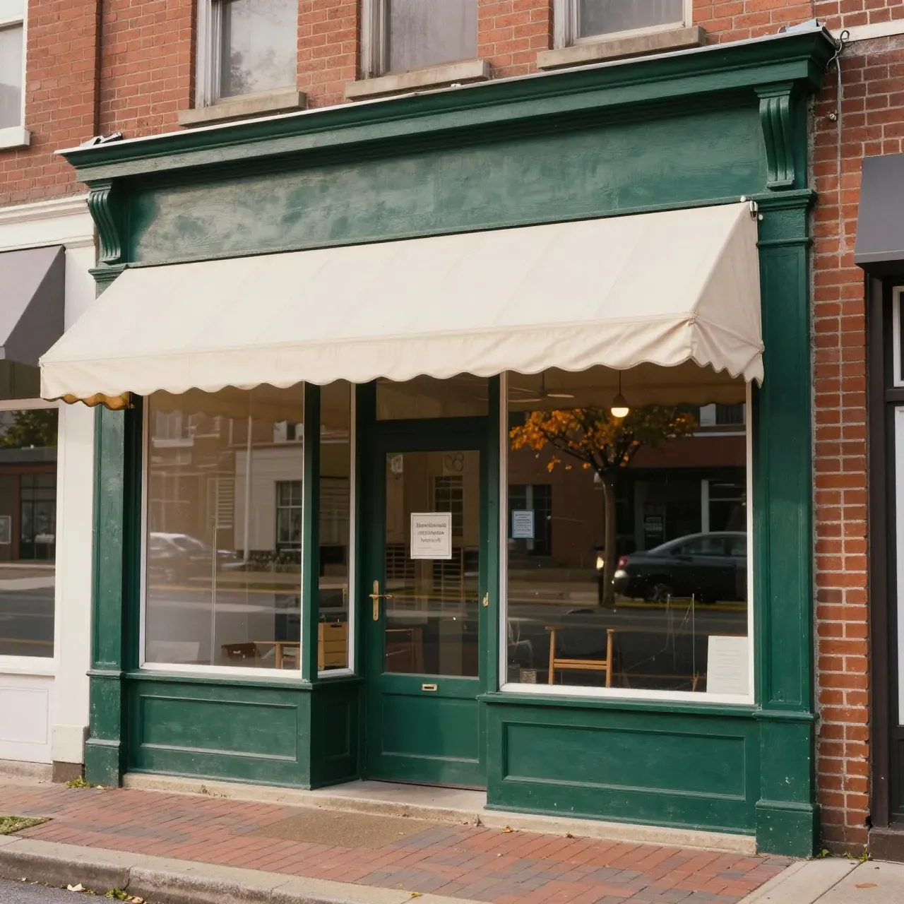 The storefront of a small independent insurance office on a small-town Ohio main street, green fascia and a cream awning