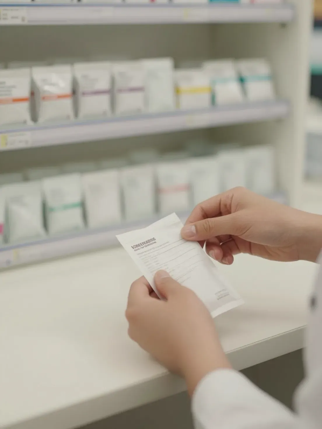 A pharmacist's hands at a counter with filled prescription bags on the shelving behind