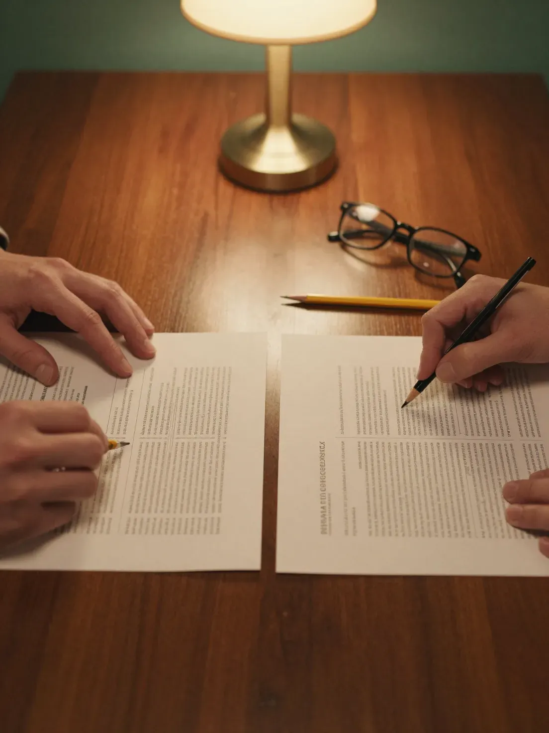 Two people's hands comparing printed policy documents at a dining table under a lamp